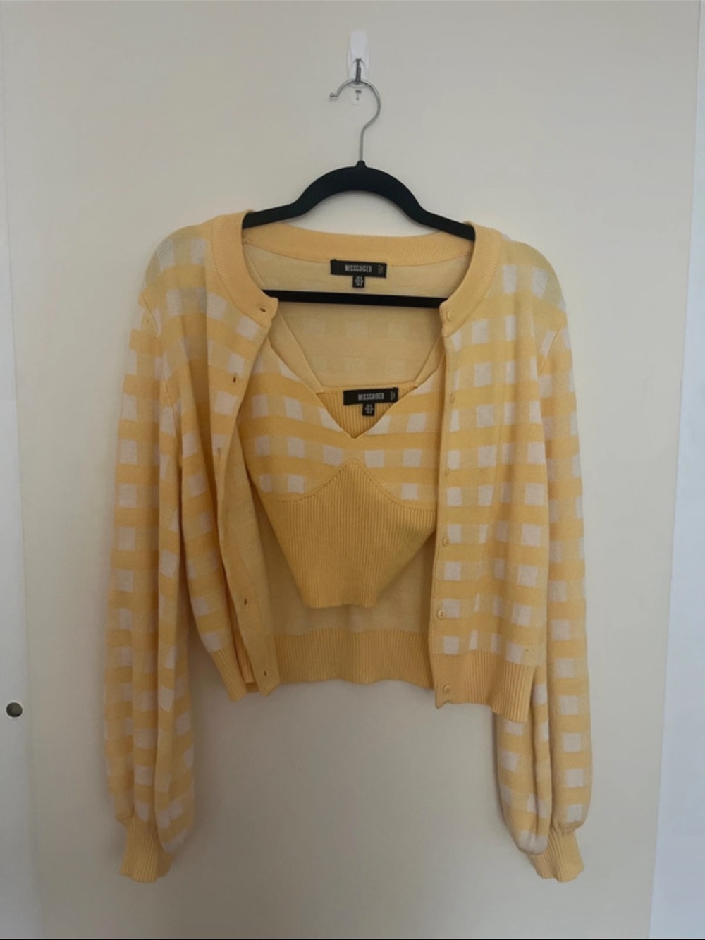Missguided Yellow and White Check Knit Cardigan & Cropped Tank